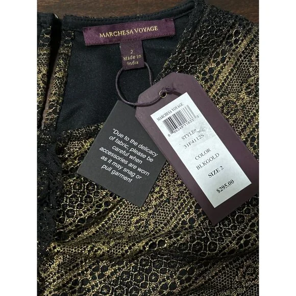 Marchesa Voyage Top Blouse Lace Short Sleeve Black Gold Whimsygoth Size 2 NEW - Picture 4 of 8